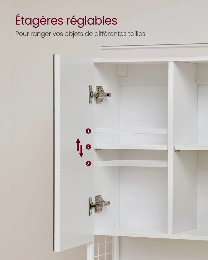 Mobiletto da bagno sospeso con specchio 14,5 x 70 x 70 cm con luce LED 3 ante ripiano regolabile portaphon stile moderno chic bianco 12_0004038