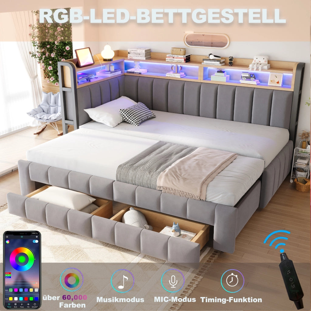 Letto divano 90 × 200 cm estensibile a 180 × 200 cm con cassetti, ripiani, LED, USB e Type-C, senza materasso