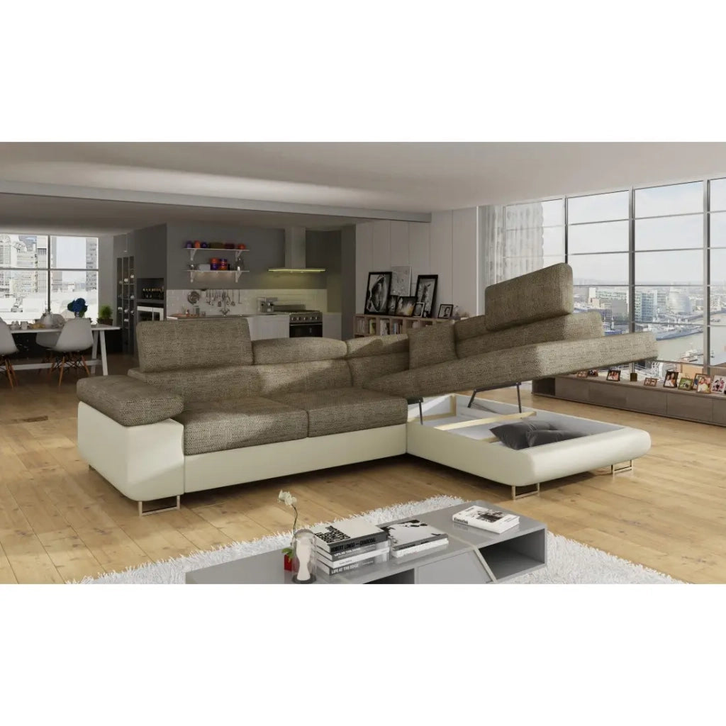 Divano ad angolo convertibile MENTON beige bouclé – 4 posti con vano contenitore e poggiatesta