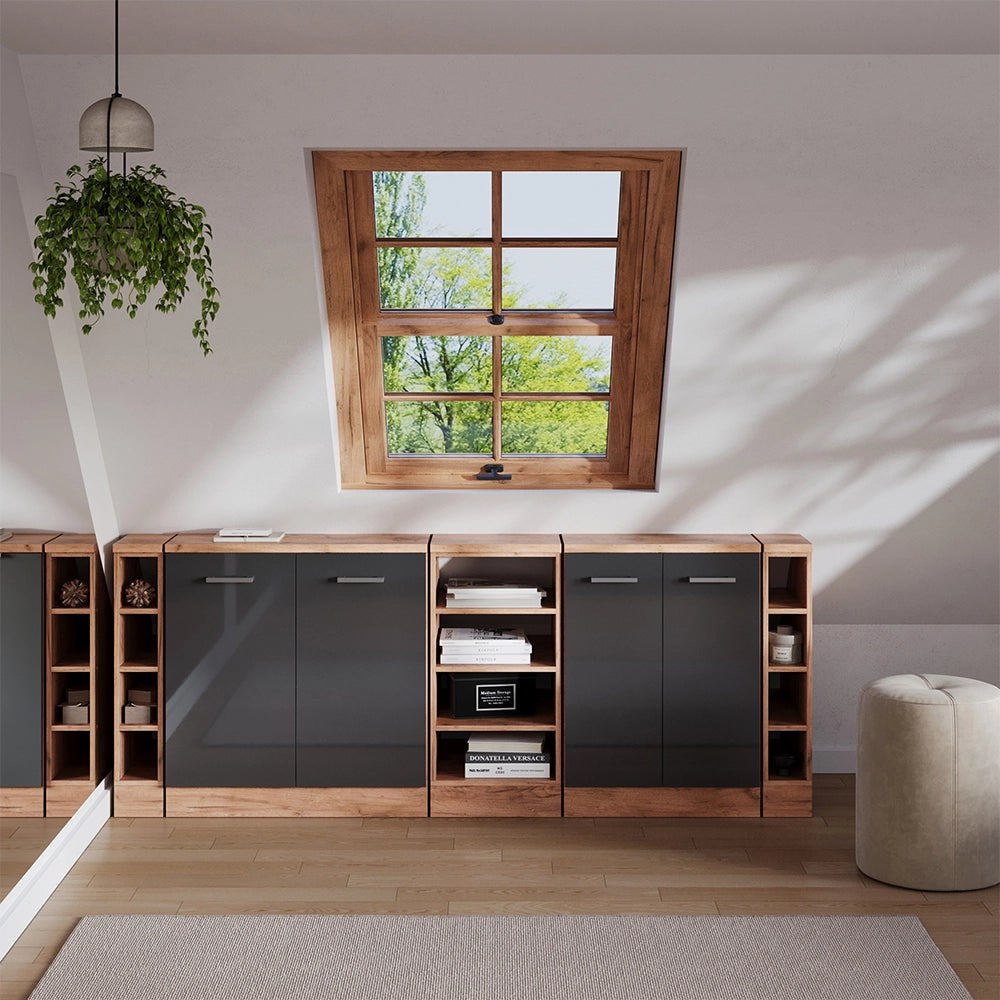 Set di mobili sottotetto Rion Antracite lucido/Rovere dorato 210 cm Set di 5 carcasse armadio profondità 60 cm Vicco