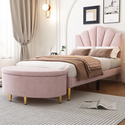 Letto Imbottito con Testiera Regolabile e Panca Contenitore ¨C MINIMAL ¨C Velluto Rosa 90x200
