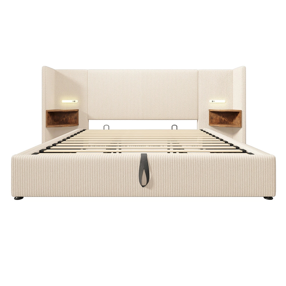 Letto matrimoniale con cassetti - Xylo - 180??200 cm - Beige e Bianco - Velluto costato, comodini con luce e USB-C