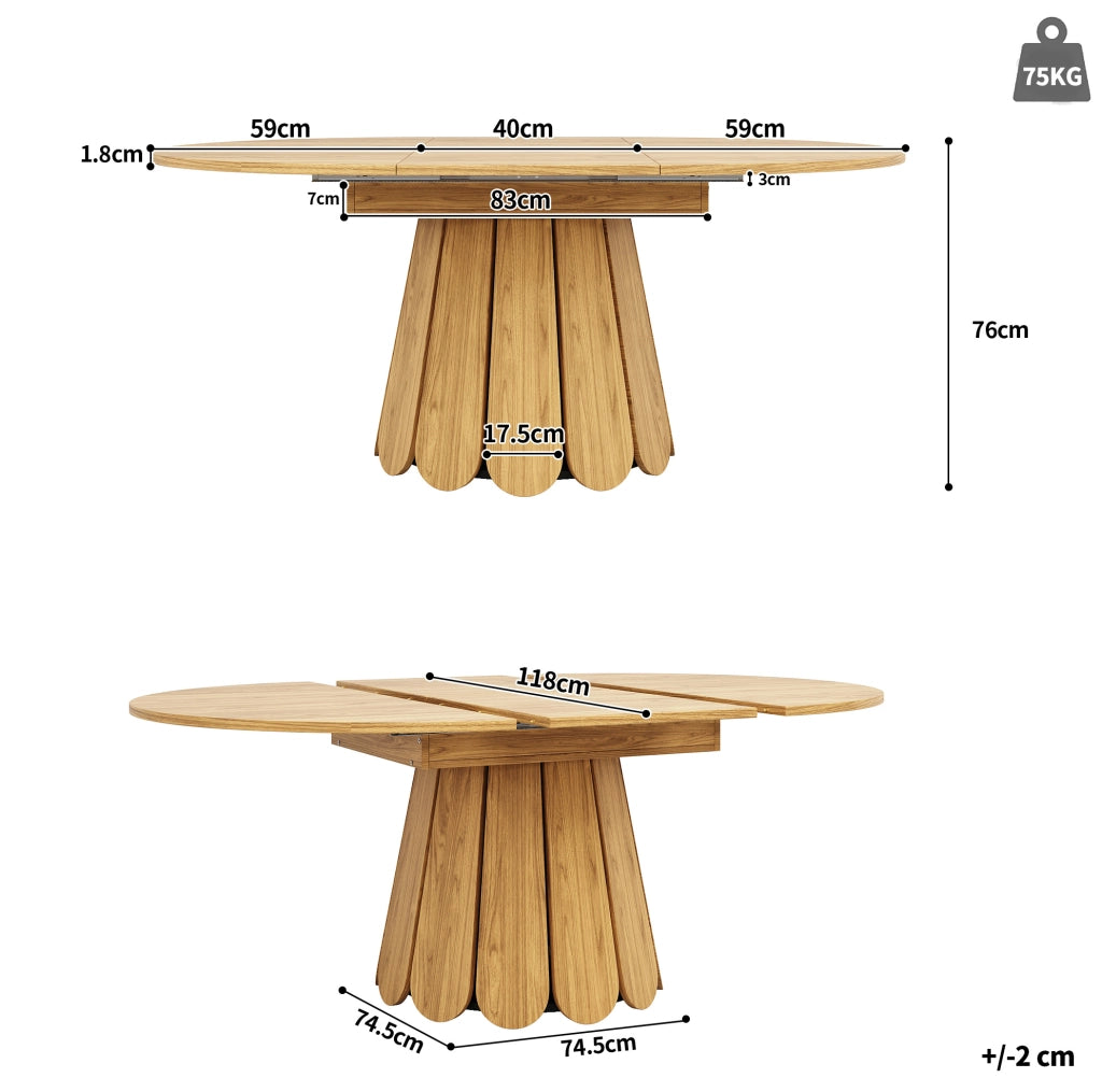 Tavolo da pranzo allungabile rotondo 118-158 cm; MDF; colore naturale
