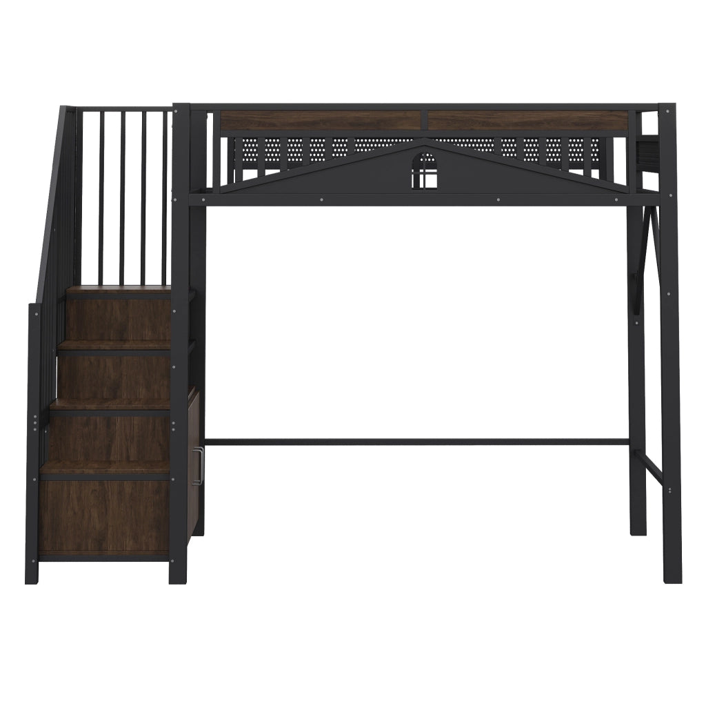 Letto a soppalco 90x200 cm in metallo e legno con scala contenitore; armadietto e barriera nera