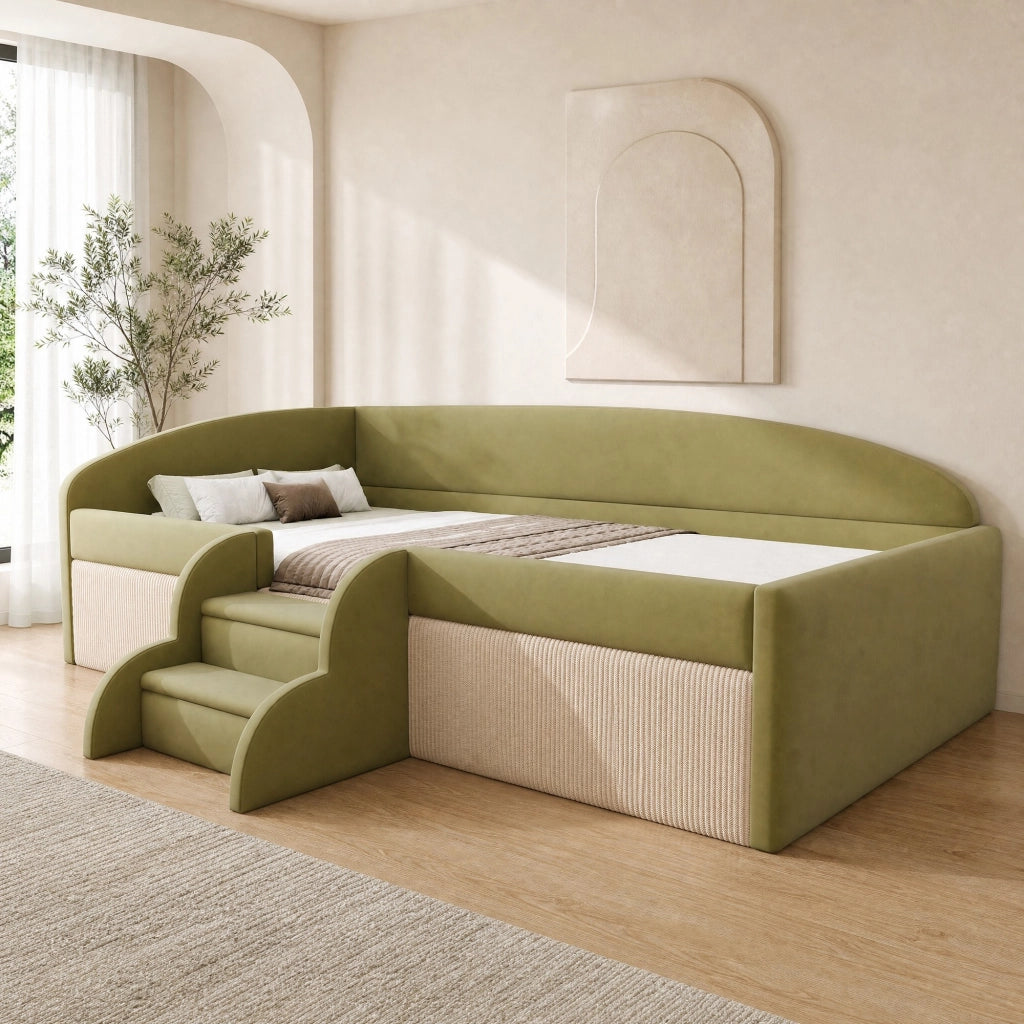 Letto per bambini singolo 90×190 cm con scalini e barriera; senza materasso; velluto; verde e avorio