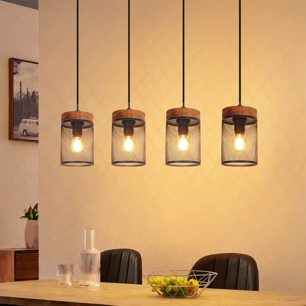 ZMH Lampada a Sospensione Vintage Legno Nero 4 Luci Retro E14 Metall per Soggiorno Sala da Pranzo Cucina Senza Lampadina
