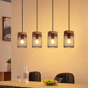 ZMH Lampada a Sospensione Vintage Legno Nero 4 Luci Retro E14 Metall per Soggiorno Sala da Pranzo Cucina Senza Lampadina