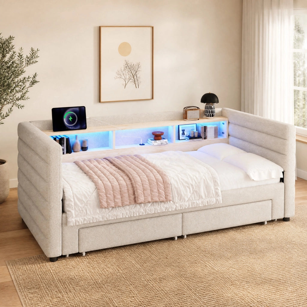DESMIU Divano letto 90 × 190 cm 1 posto con LED, USB, Type-C, 2 cassetti e vani, senza materasso, in velluto beige