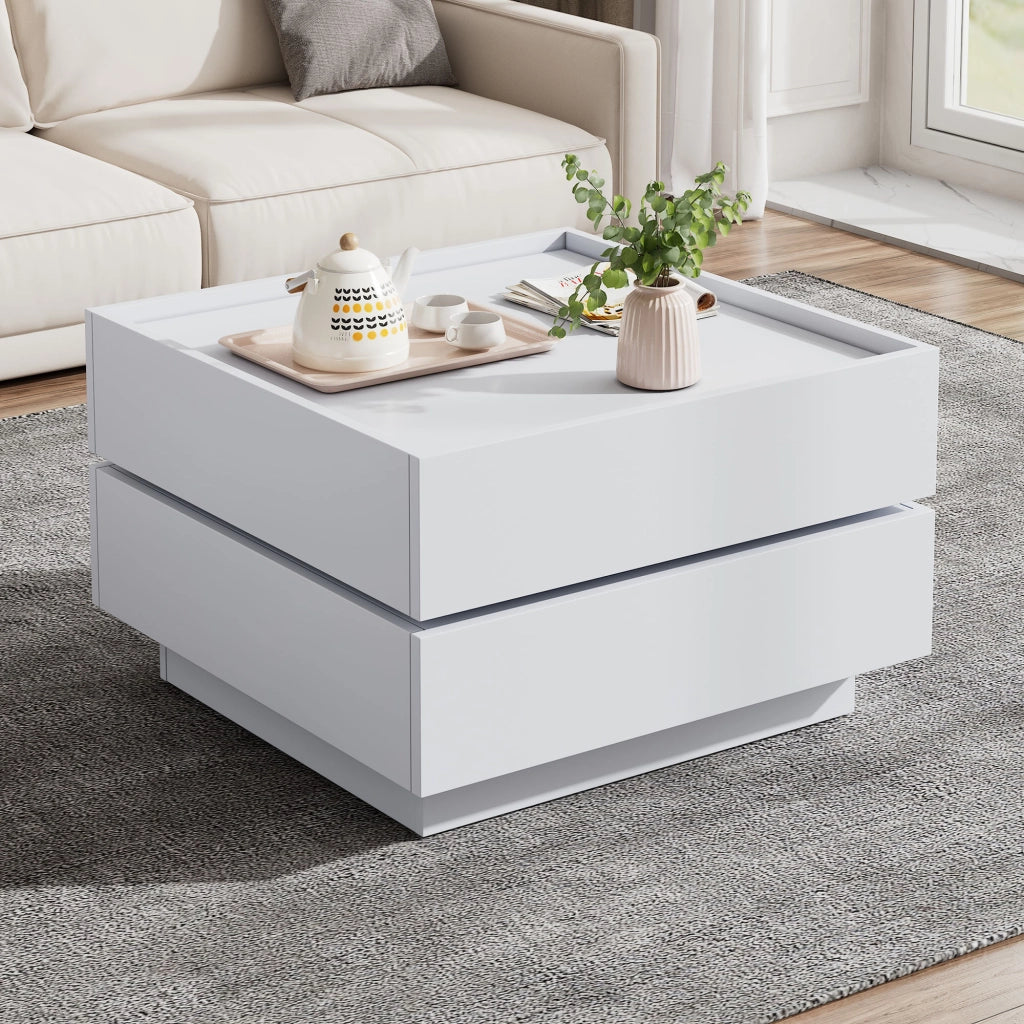 Tavolino basso con piano girevole a 360° e 2 cassetti per soggiorno, in pannello truciolare bianco, 60 × 60 × 38 cm