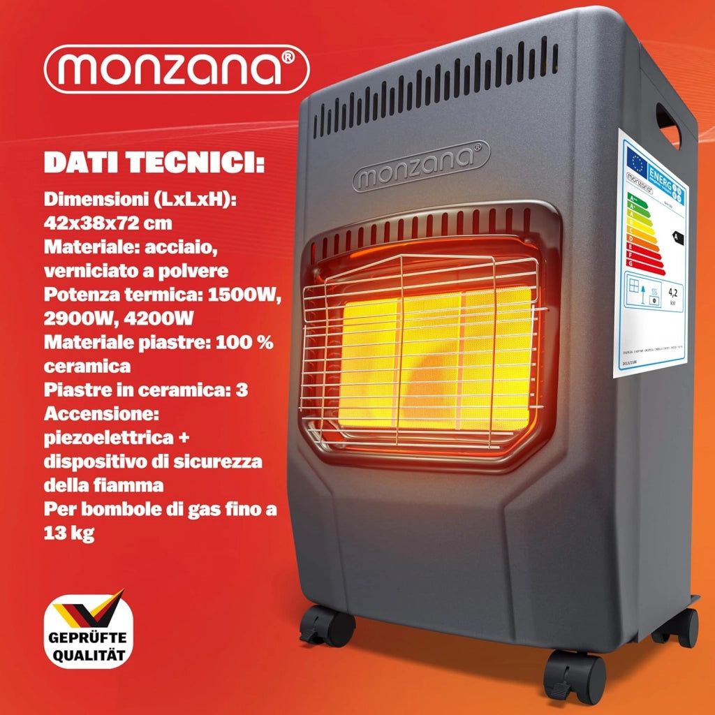 ® Stufa a Gas GH4500 Riscaldatore per Interni 4200 W 3 Impostazioni Accensione Piezoelettrica Antiribaltamento