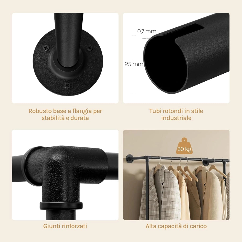 Appendiabiti da Parete, Appendiabiti da Muro per Vestiti, Appendi Abiti Industriale a Tubo con 4 Barre per Appendere Indumenti, Metallo, Nero, 193x36,5x187 cm