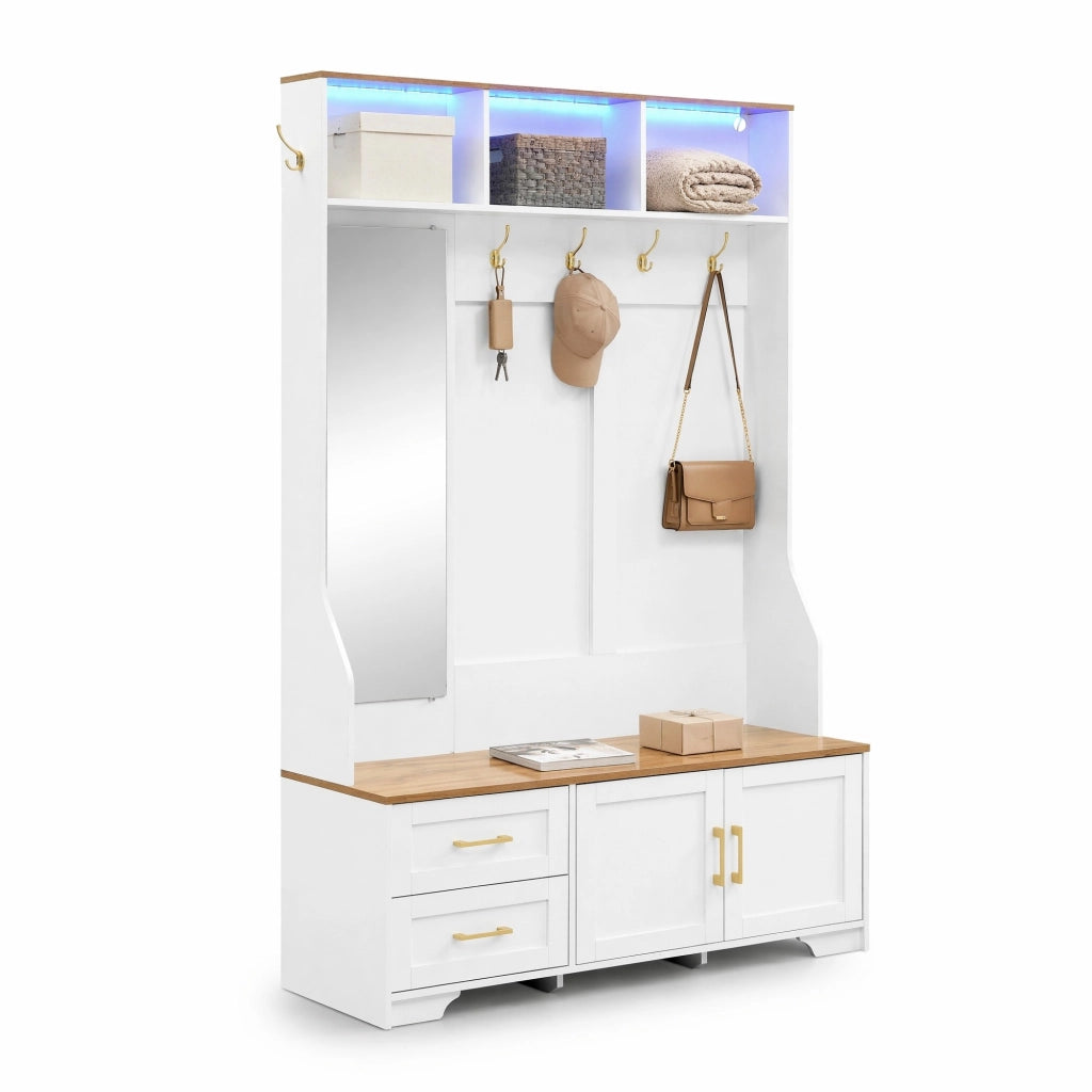 Mobile ingresso multifunzione con LED; specchio; ganci e cassetti; 120x40x187 cm; MDF