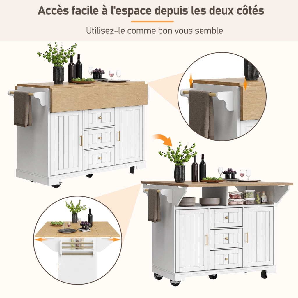 Carrello da Cucina con 2 Ante; 3 Cassetti e Piano Ribaltabile; con Ruote; 120 x 40 x 95 cm; Bianco