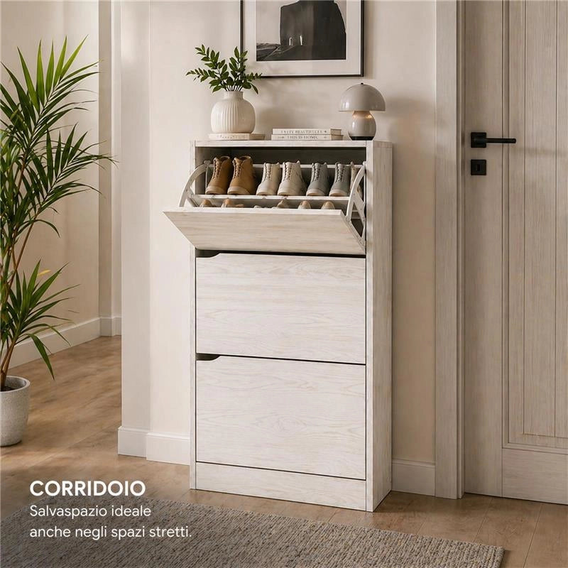 SCARPIERE A 3 ANTE CON PANNELLO RETROSTANTE IN MDF COLORE BIANCO LEGNO MISURA 63X24X115 CM LINEA HARMON