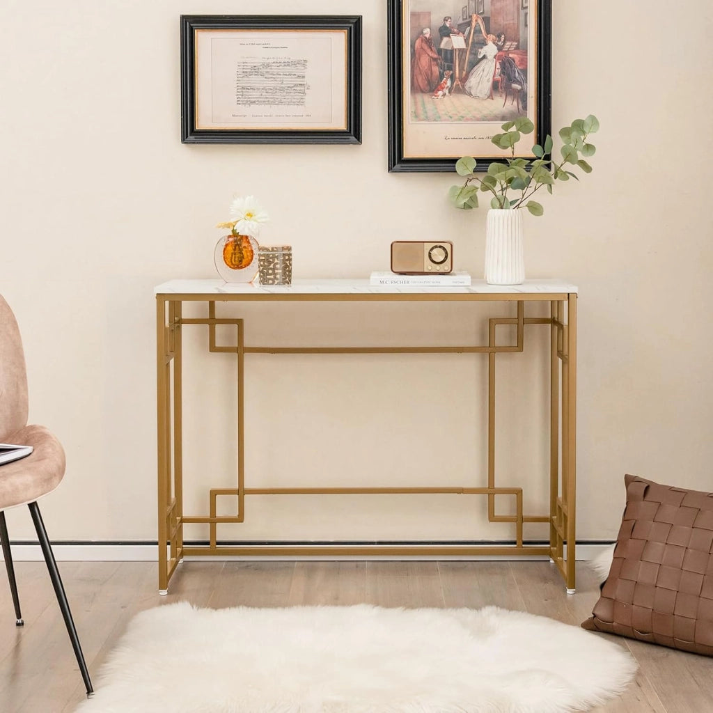 Tavolo Consolle Stretto di Ingresso Moderno con Base Dorata e Piano in Marmo Imitazione con Dispositivo Antiribaltamento per Soggiorno, Ingresso, Corridoio, Bianco e Oro, 110 x 30 x 81 cm