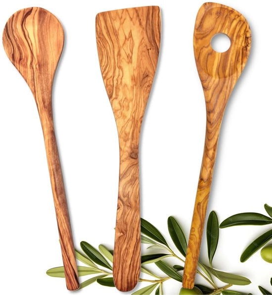 Set di 3 Utensili da Cucina in Legno di Nocciolo "Carthage" | 30 cm | Spatola, Cucchiaio in Legno e Cucchiaio per Risotto | Utensili da Cucina | Set di Cucchiai in Legno | Igiene, Resistenza al Calore & Durata