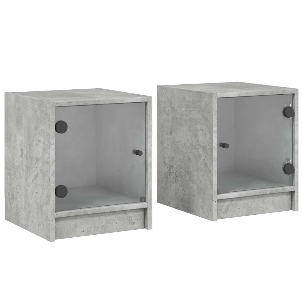 Set di 2 Comodini | Armadio da Notte | Mobiletto da notte con Ante in Vetro Grigio Cemento 35x37x42 cm