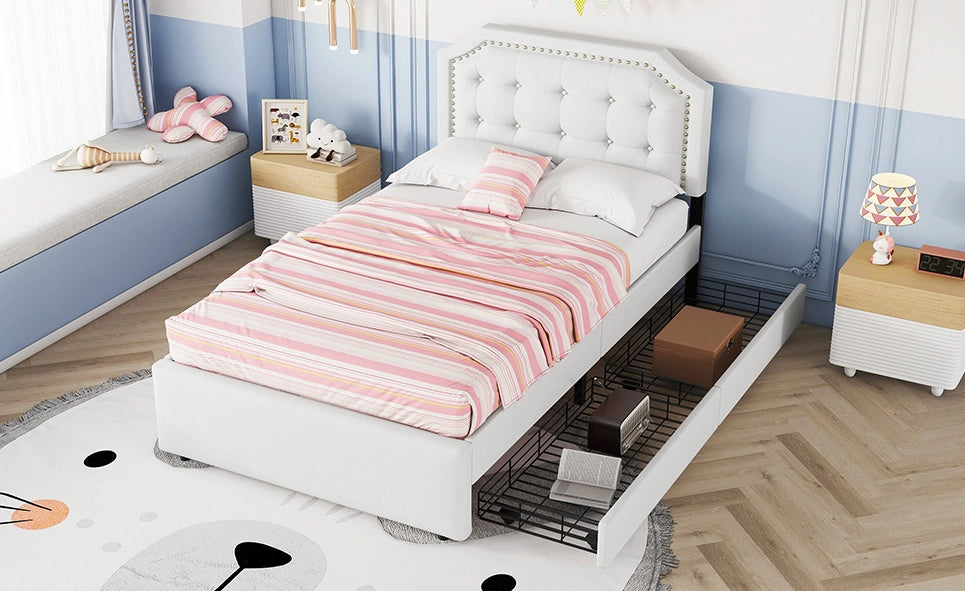 Letto imbottito beige chiaro 90x200 cm con cassetti doppi e decorazioni in borchie