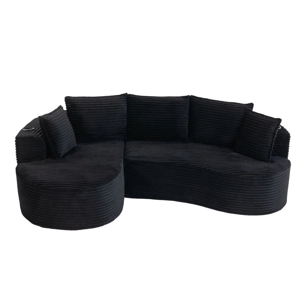 Divano curvo in velluto a coste, con portabicchieri e tasche laterali, 250×152×82 cm, nero