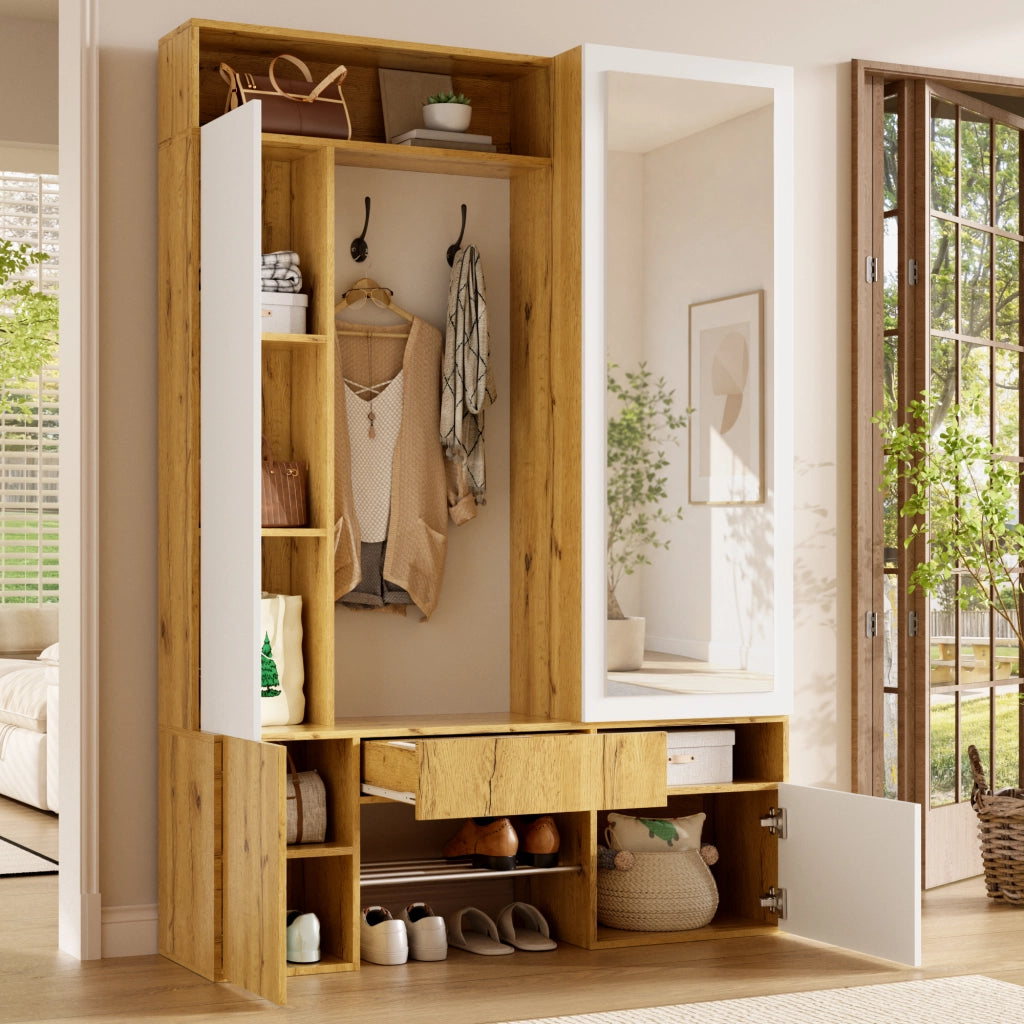 Guardaroba in MDF con specchio, scarpiera, mobile ingresso, appendiabiti con asta e ganci