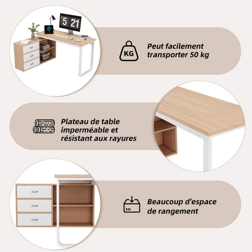 Scrivania lineare con 3 cassetti e 2 vani aperti, struttura in MDF e metallo, finitura naturale e bianco per ufficio