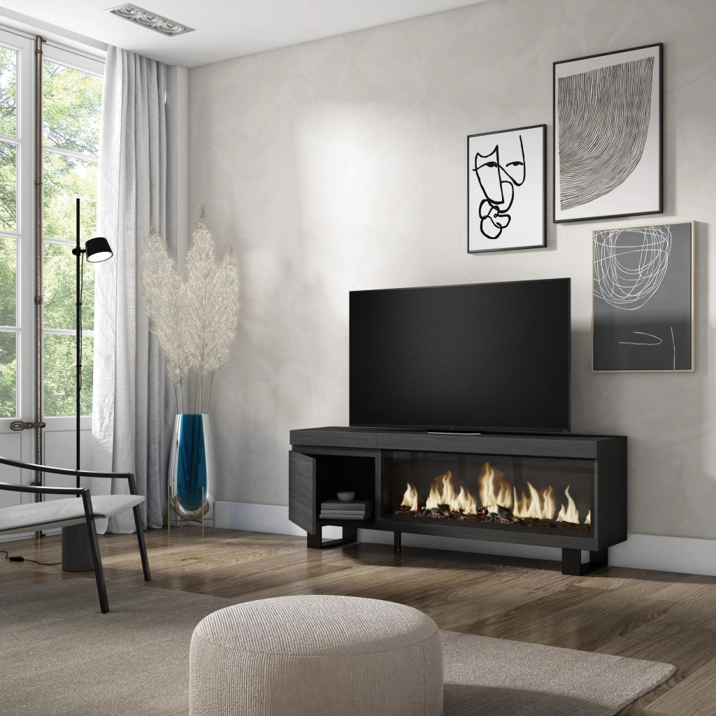 Mobile TV Soggiorno, 158x35x57cm, Per TV fino a 65", Camino elettrico XXL, Design industriale, Nero RF3246
