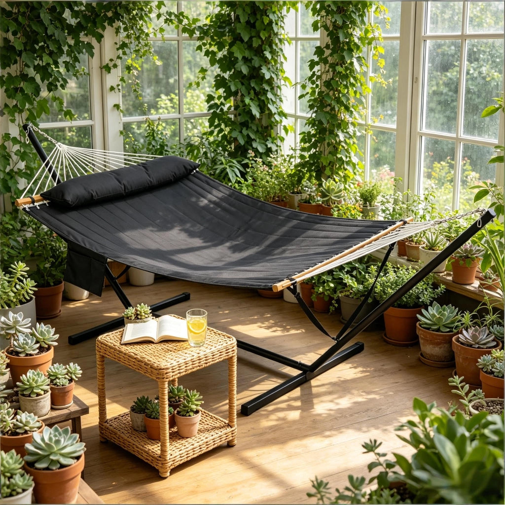 Amaca doppia con supporto in metallo antracite 200x140 cm da interno ed esterno con cuscino e tasca laterale