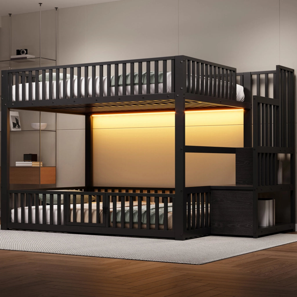 Letto a castello 140x200 cm in metallo nero con LED e scaletta contenitore