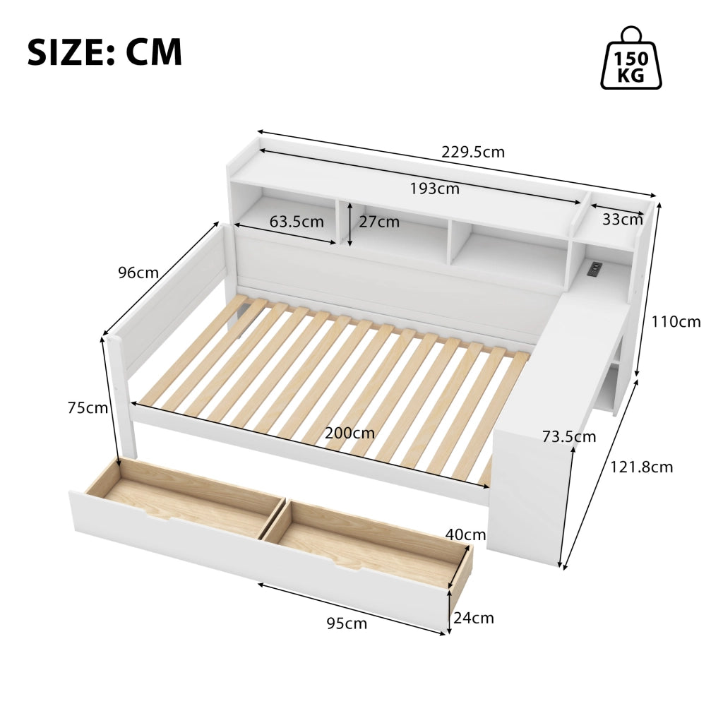 OKWISH Letto a Divano 90×200 cm, Letto Singolo con Presa, USB, 2 Cassetti, Scrivania e Mensole, senza Materasso, Bianco