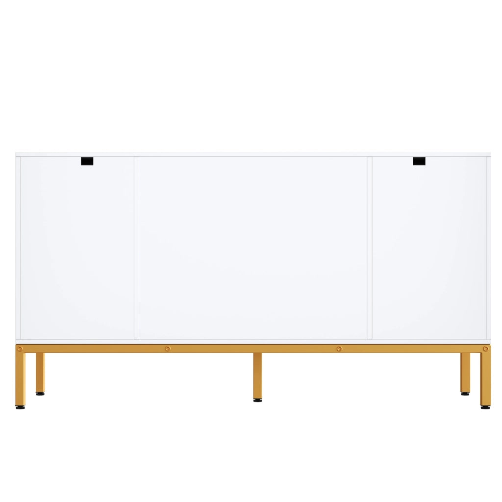 Credenza bianca lucida con gambe in metallo dorato e ripiani regolabili per soggiorno, 140 × 40 × 80 cm