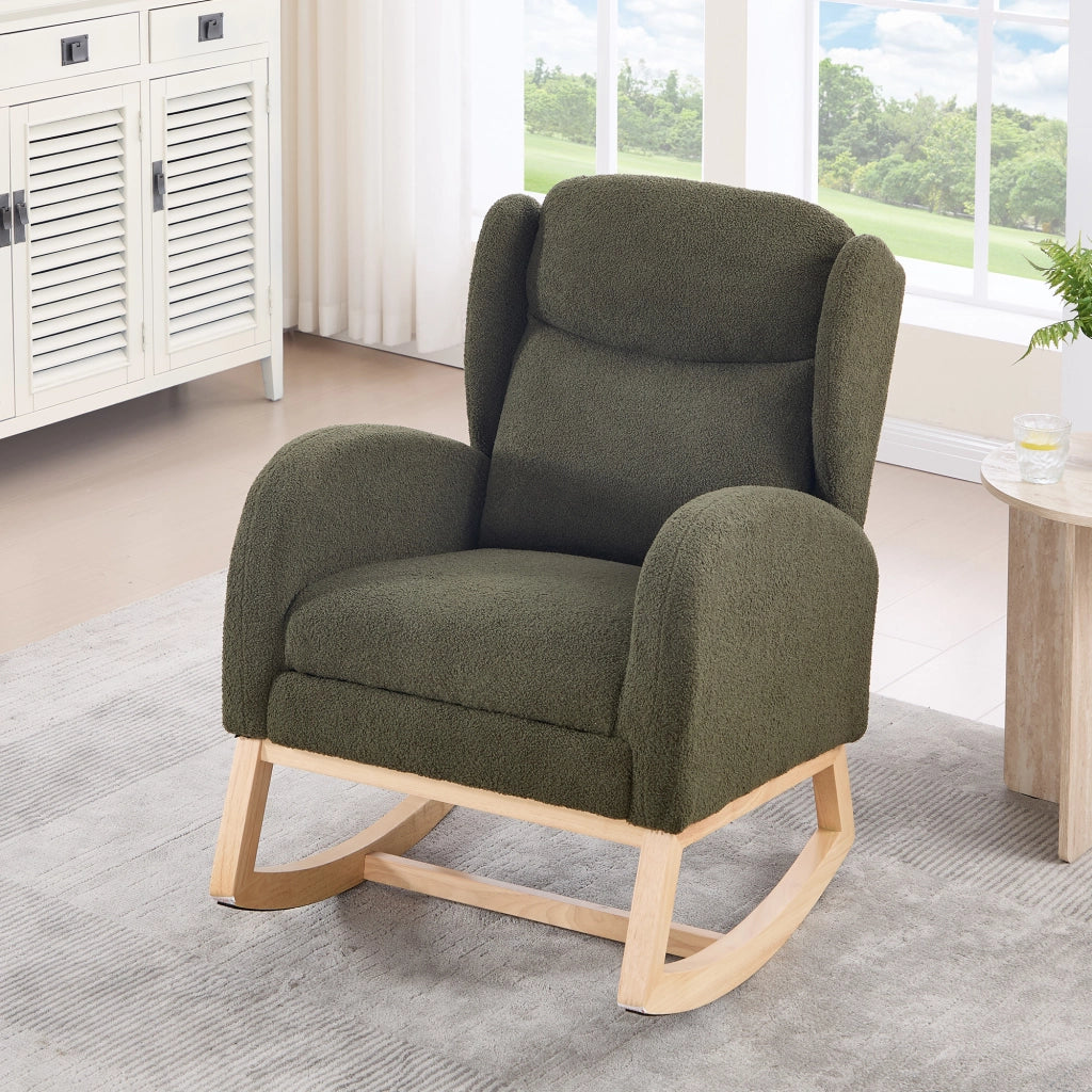 Poltrona a Dondolo con Poggiapiedi ¨C MINIMAL ¨C Tessuto Teddy, Schienale Alto, Verde