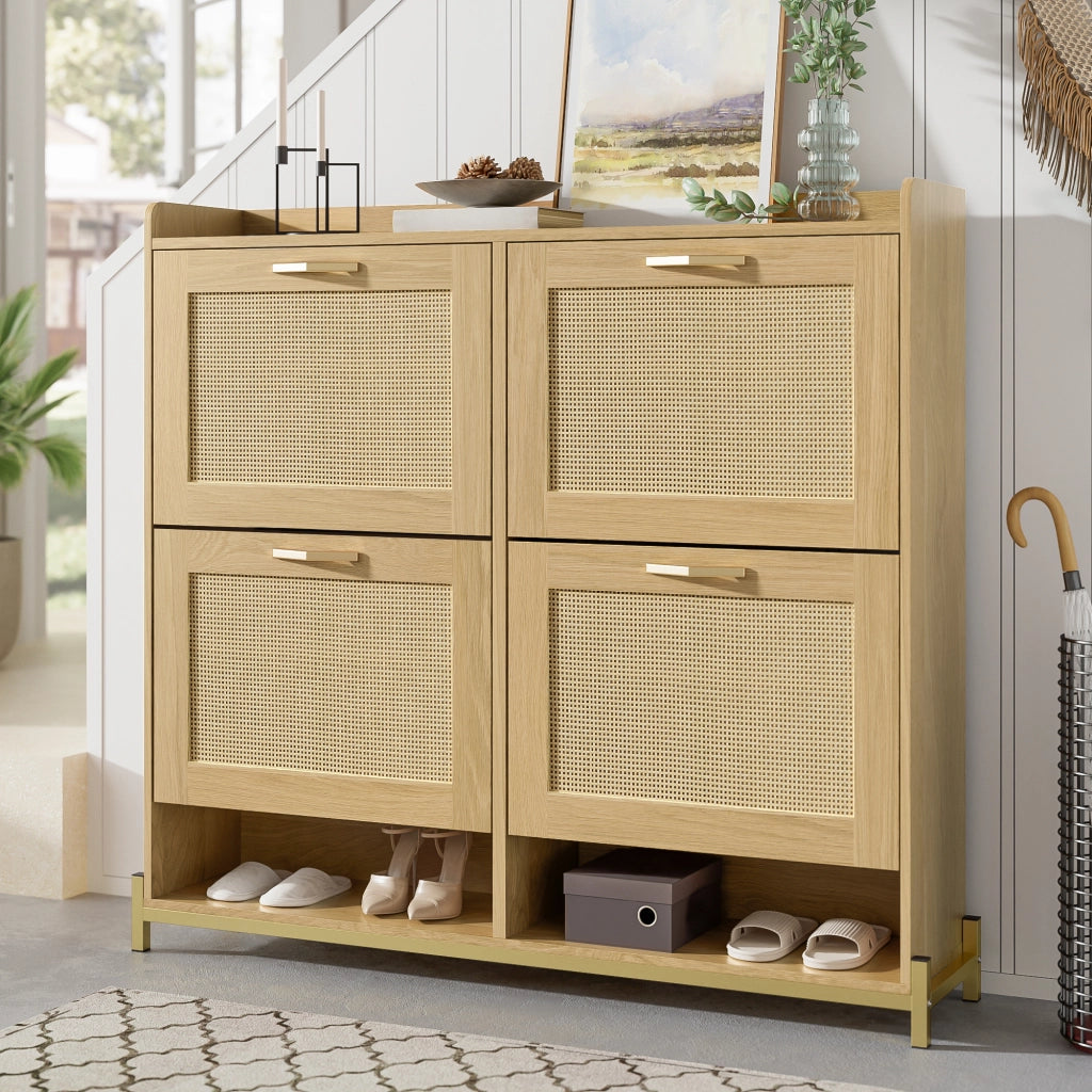 Scarpiera con 4 Ante e Ripiano Superiore; Salvaspazio; Stile Naturale; in MDF; 108;5×24×100 cm; Rovere Chiaro