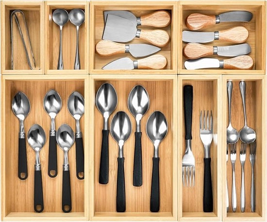 Organizzatore di Materiali Trays in Bambù - 8 Pacchi - Organizzazione di Cucina, Cassetta della Cucina, Soggiorno, Ufficio, Camera da Letto