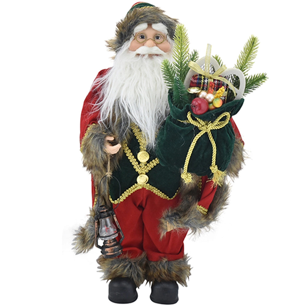 Statuina Babbo Natale Addobbo Statuetta 40cm Vestiti in Tessuto e Sacco Natalizio