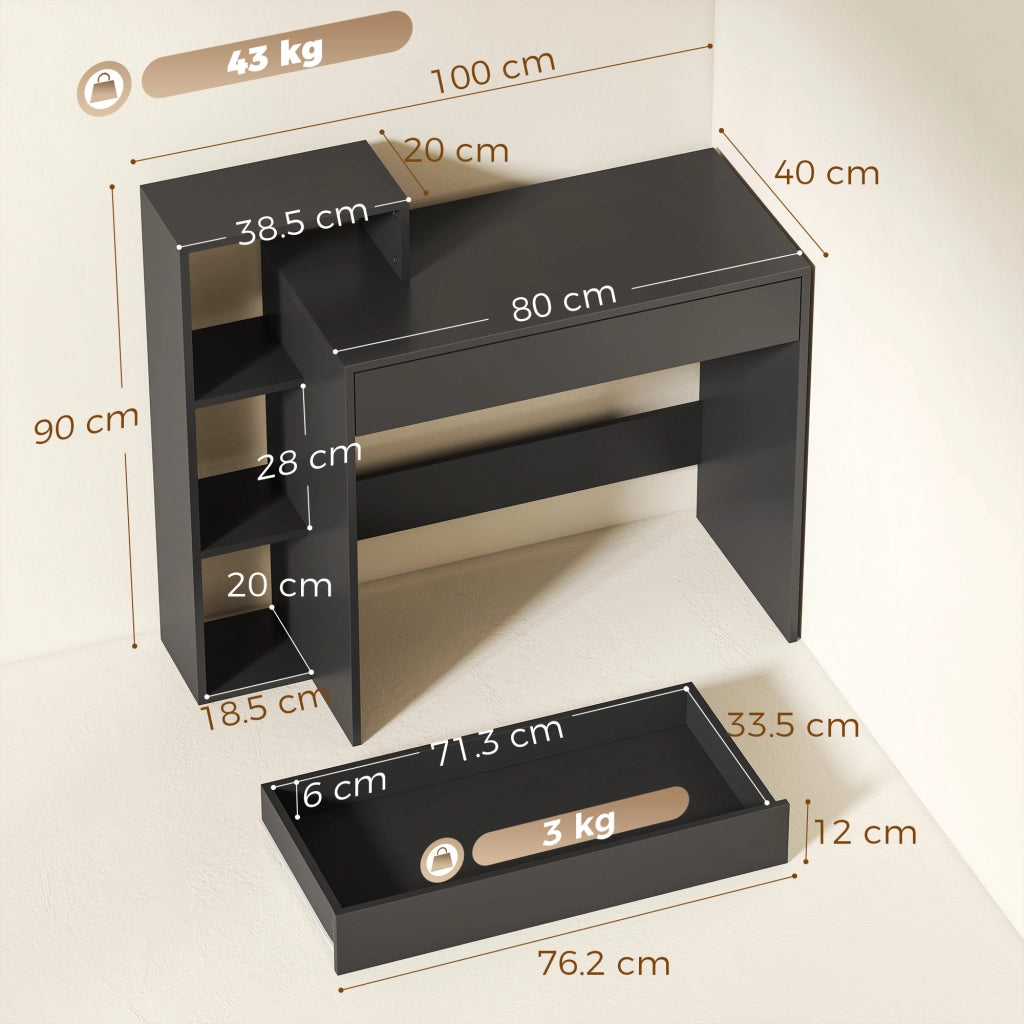 Scrivania PC Moderna con 3 Ripiani Aperti e Cassetto, in Legno Nero, 100x40x90 cm