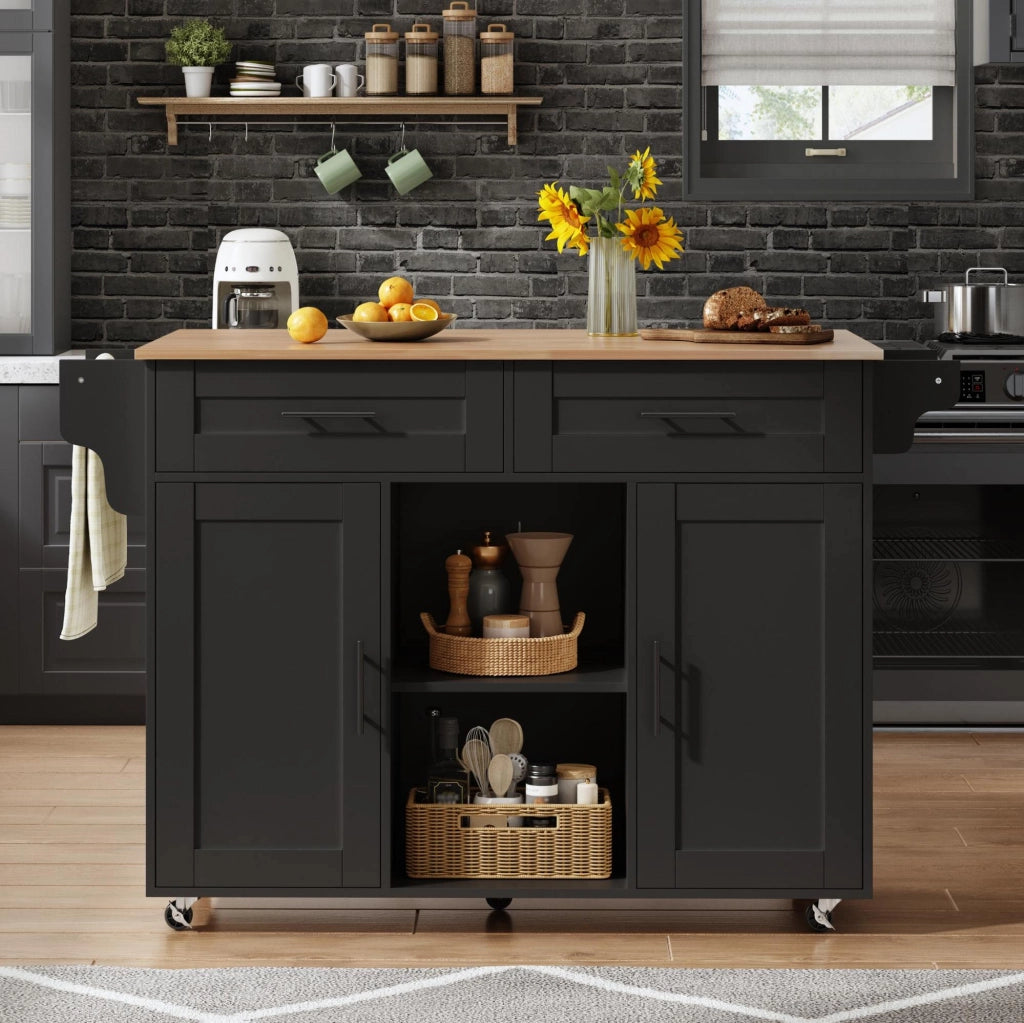 Isola da cucina mobile con piano pieghevole 145x70x94;5 cm in MDF nero con 5 ruote