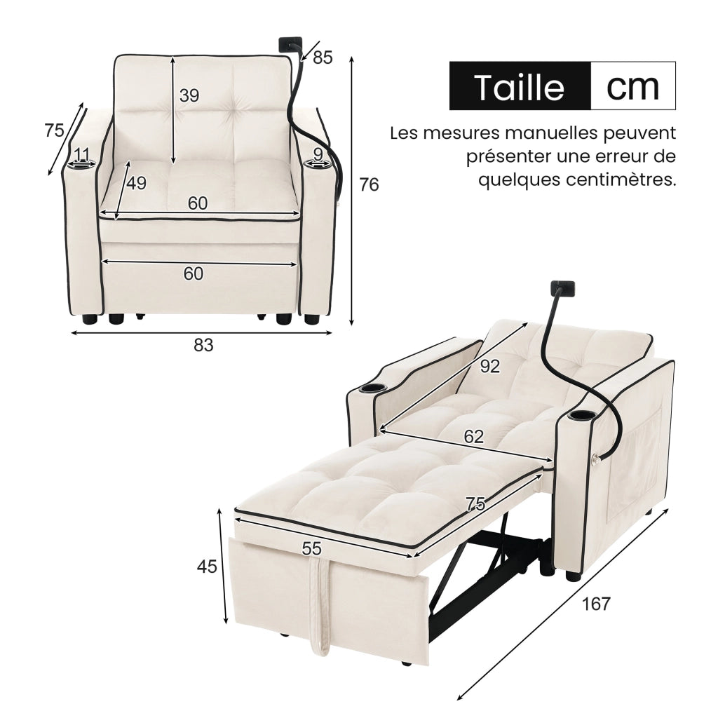 Poltrona Letto 3 in 1 con Schienale Regolabile; 2 Portabicchieri e Supporto per Telefono; Schiuma Beige; 83 × 167 × 76 cm
