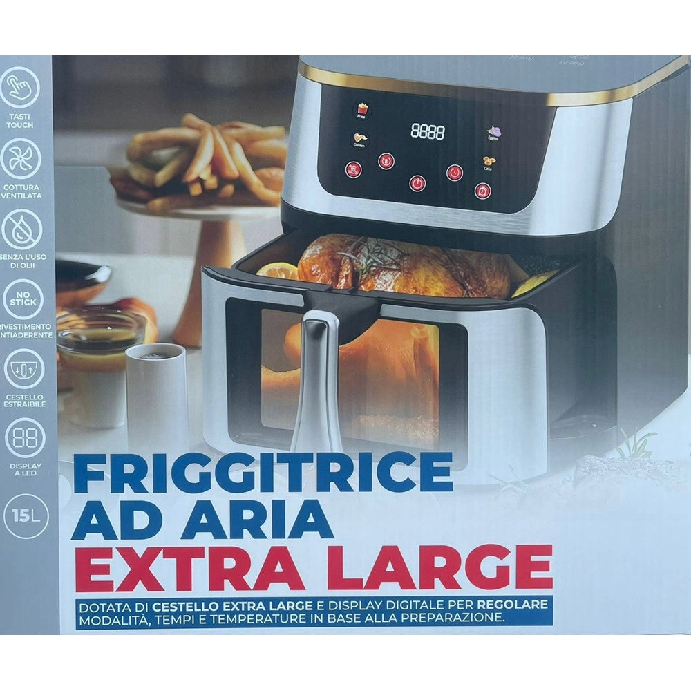 Trade Shop - Friggitrice Ad Aria 15lt Touch Led 8 Programmi Finestra Visibile Senza Olio + 50pz Carta -