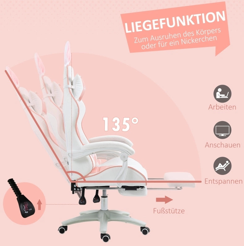 Sedia da gaming rosa con poggiapiedi e supporto lombare
