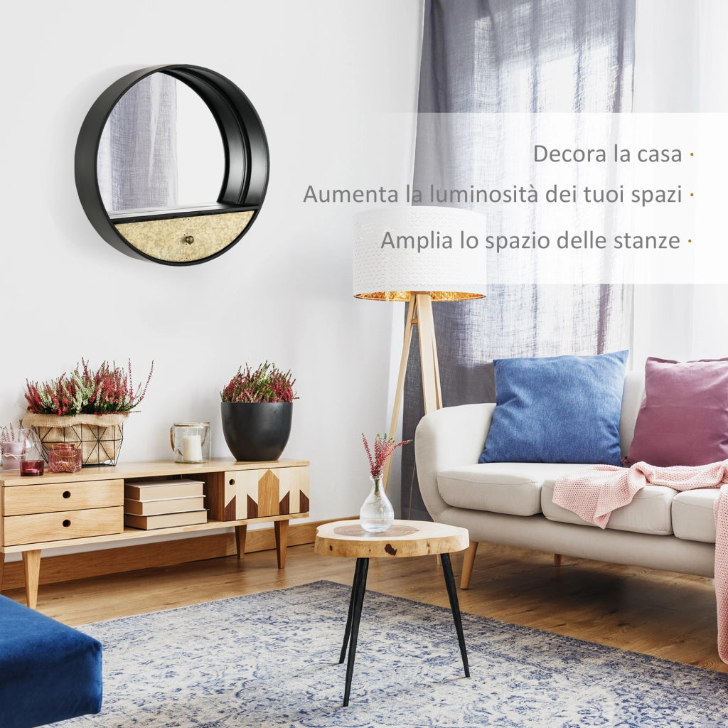 Specchio da Parete Rotondo ?61cm, Specchio Decorativo con Cassetto e Cornice in Metallo e MDF, Nero