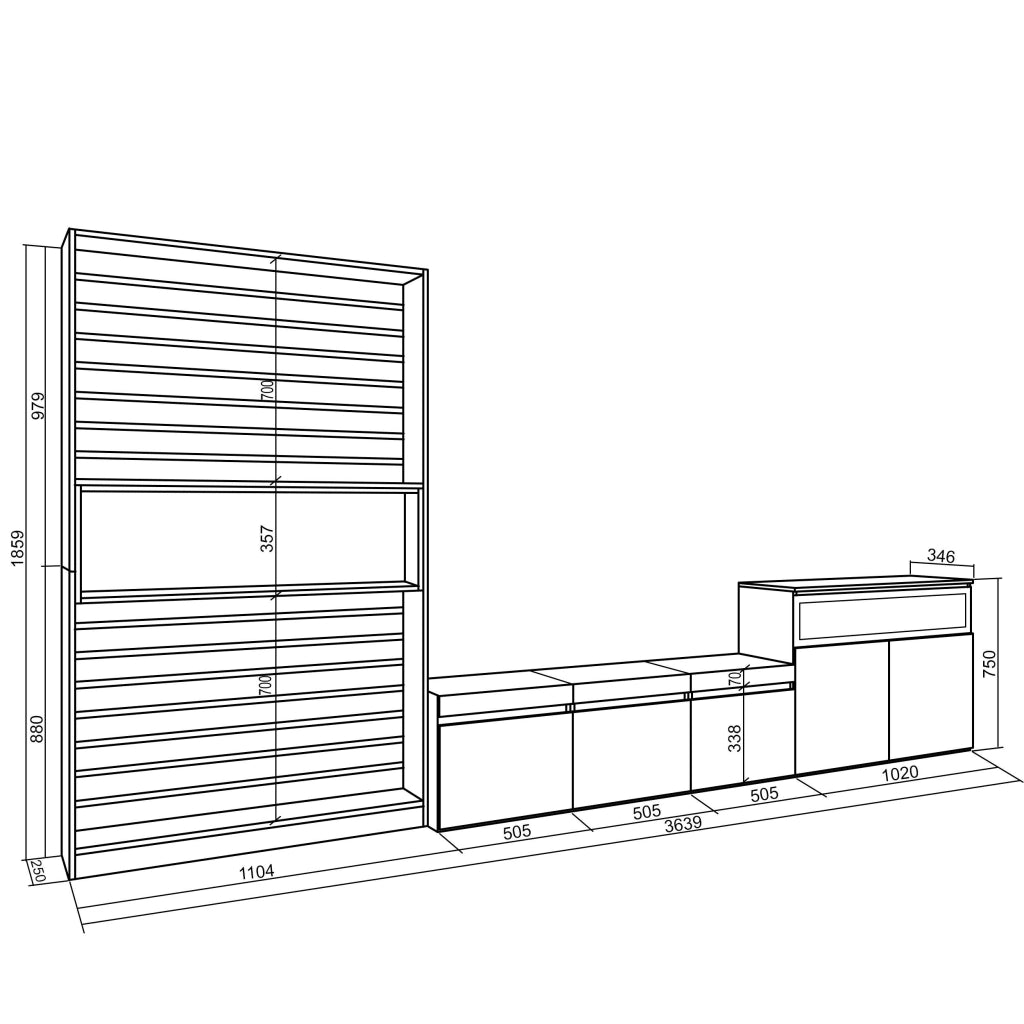 Mobile TV, Soggiorno, 360x35x186cm, Per TV fino a 65", Camino elettrico, colore Rovere e nero RF3161