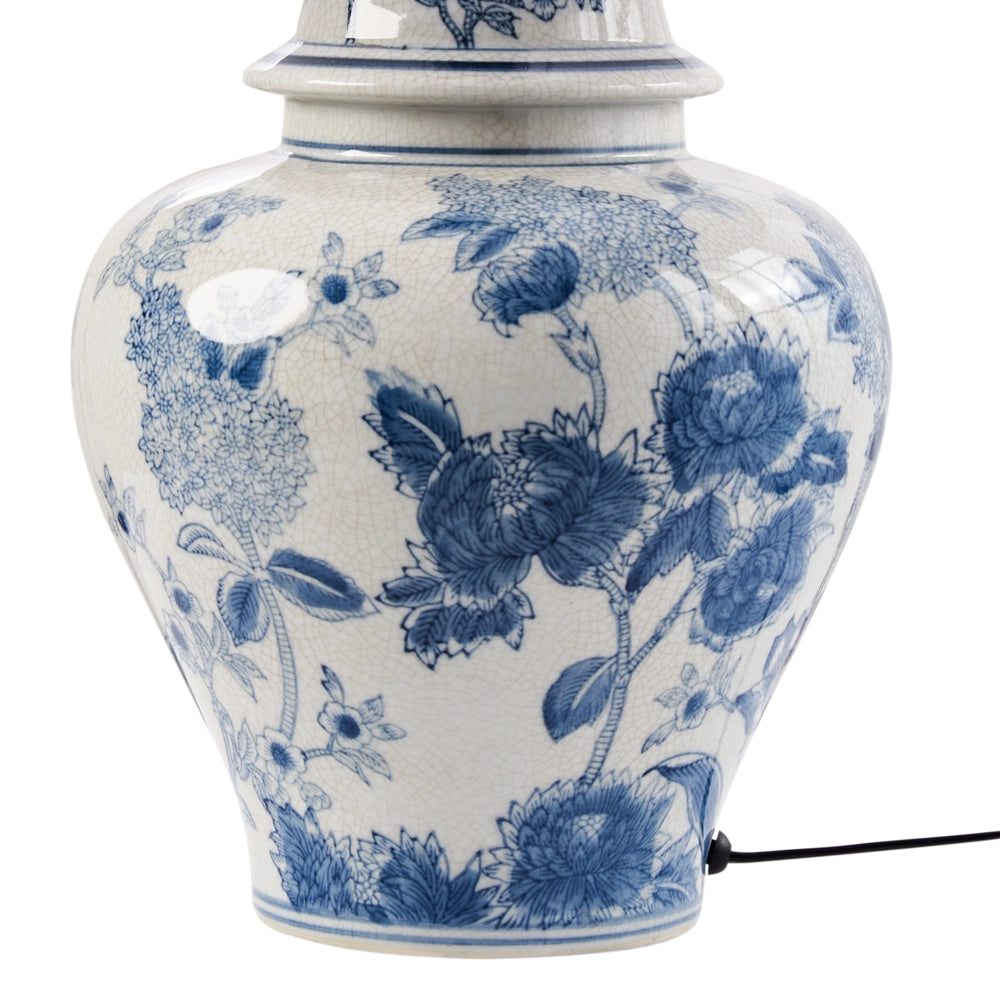 Lampada da tavolo Base in porcellana bianca e blu Paralume a campana in lino con patten floreale Illuminazione elegante