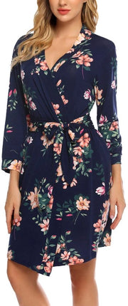 Kimono da camera in cotone per donne, 3/4 manica, V-collare, blu, estivo