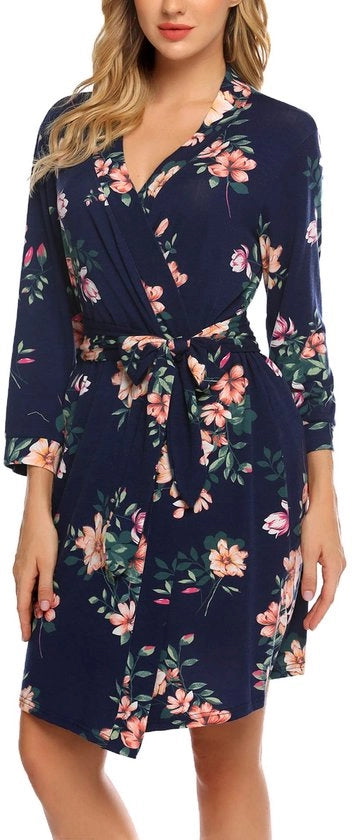 Kimono da camera in cotone per donne, 3/4 manica, V-collare, blu, estivo