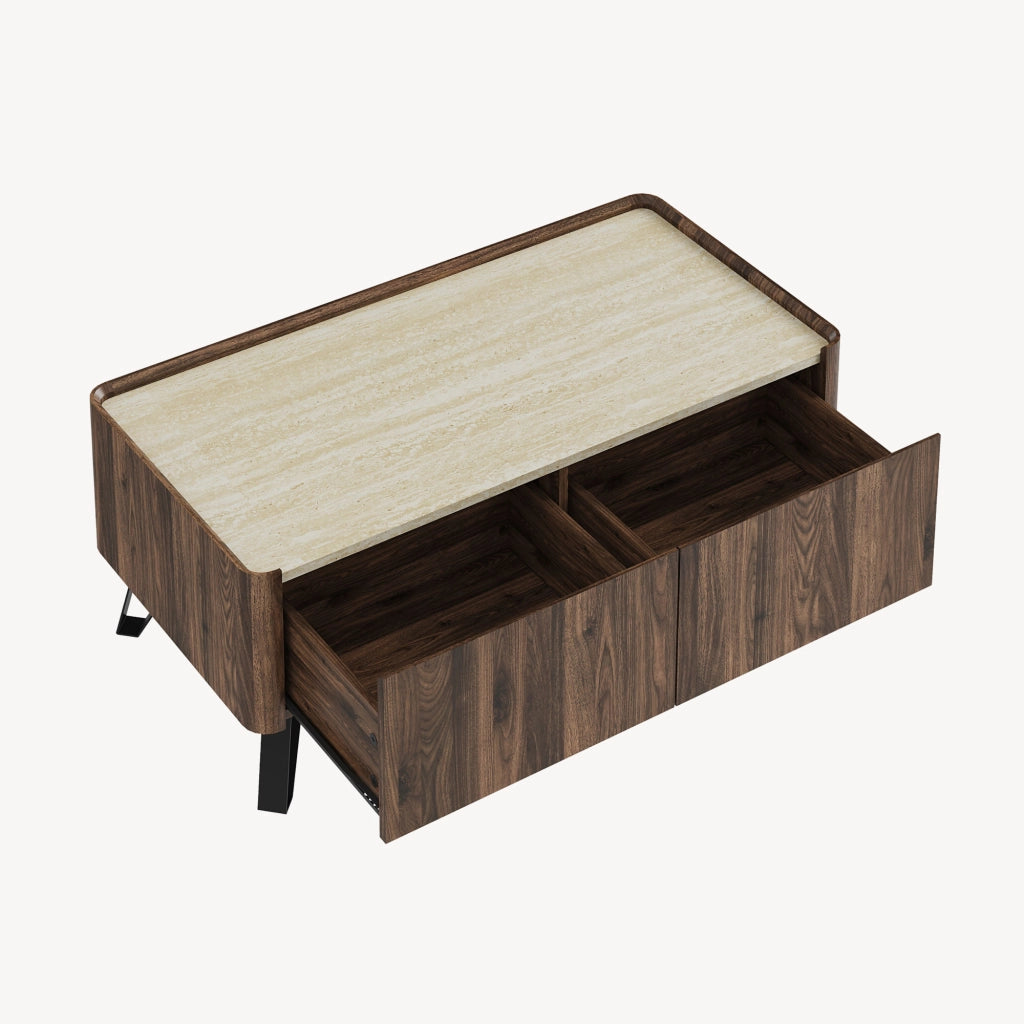 Tavolino da Salotto Trorlon con 2 Cassetti 100x50x40 cm - Effetto Noce/Travertino [en.casa]