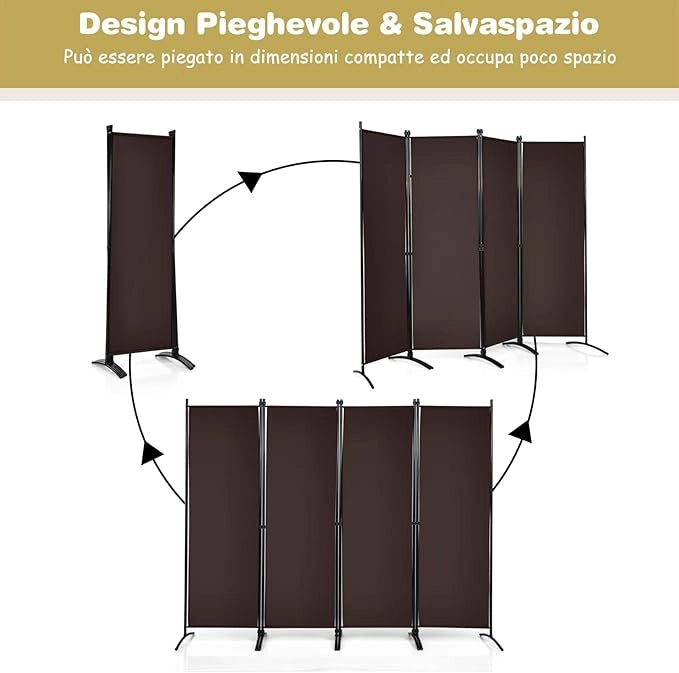 Paravento da Interno in Metallo, Separé Divisorio Interno Pieghevole con Piedini Stabili, Pannelli Divisori per Interni per Casa e Ufficio (Marrone, 220 x 173 cm (4 Pannelli))