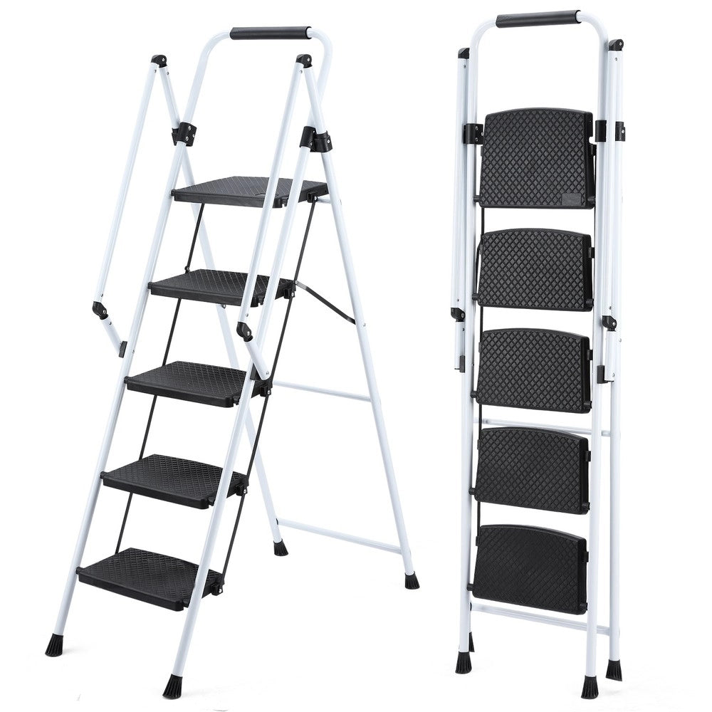 Scala Sgabello Pieghevole 5 Gradini ¨C Xylo ¨C Acciaio Bianco, Antiscivolo, 150 kg