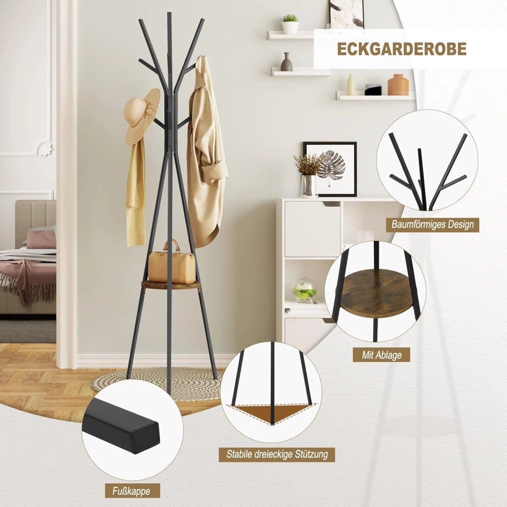 Attaccapanni, Appendiabiti ad Albero in Metallo e MDF, Portabiti da Ingresso con 9 Ganci e 1 Ripiano per Vestiti, Cappelli, Borse, Nero + Legno Vintage