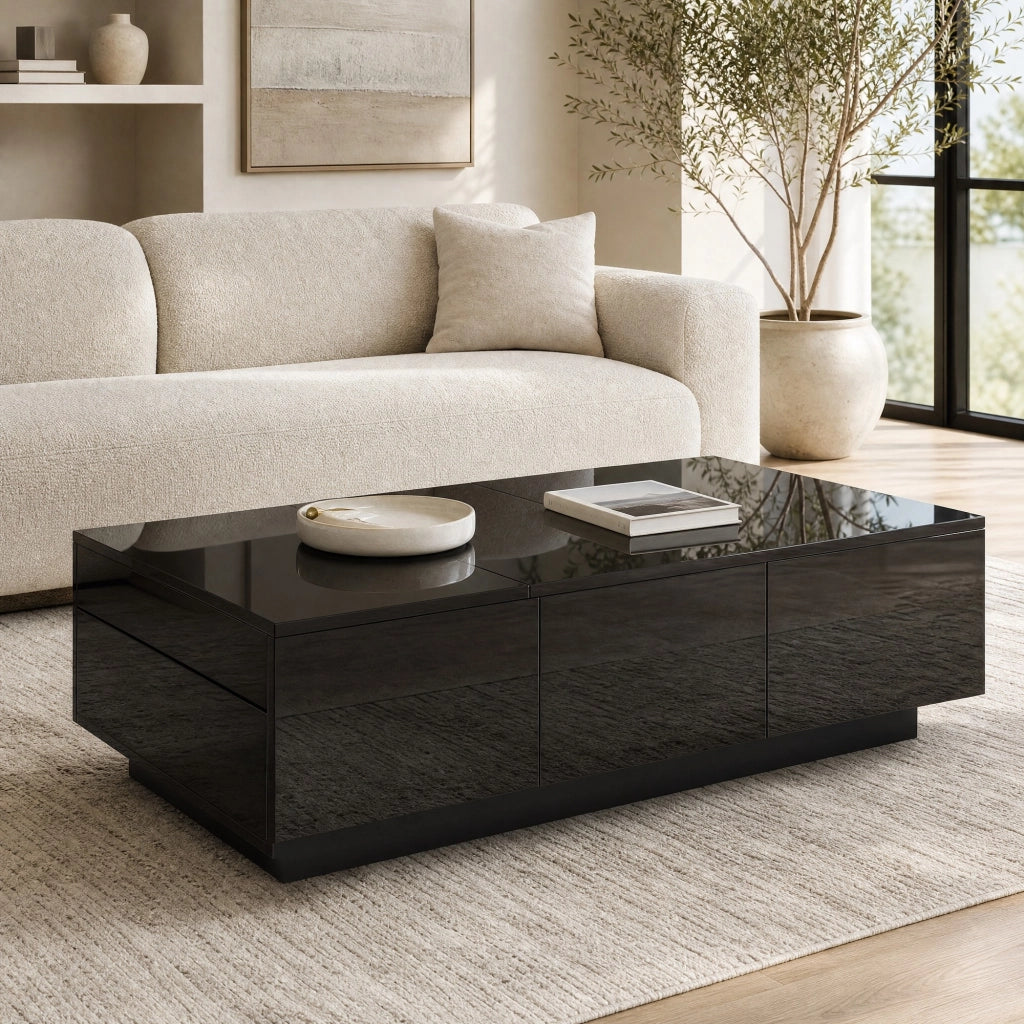 TAVOLINO DA SALOTTO Nero Lucido 100 x 31 x 50 cm con cassetti