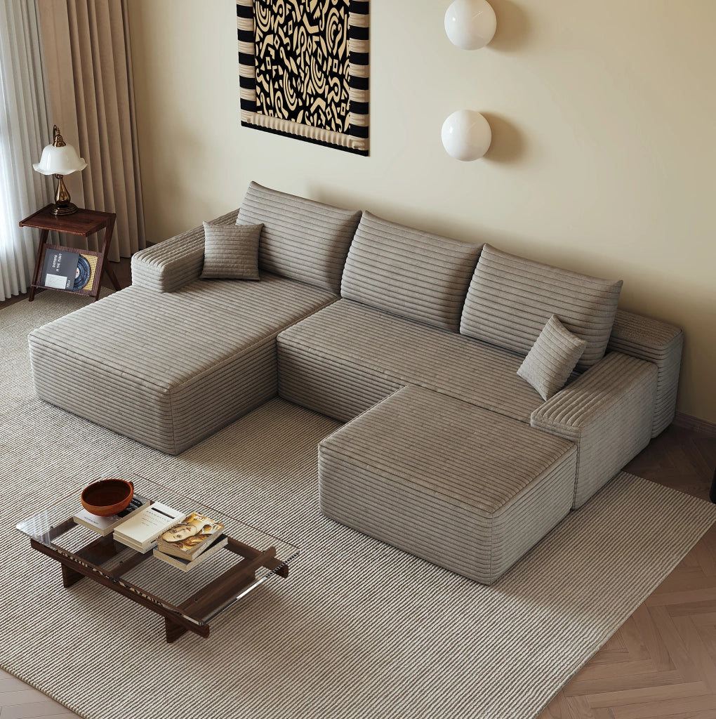 Divano in tessuto a coste rigate, 270 x 175 x 83 cm, Camel